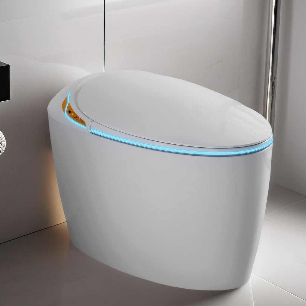 WinZo Luxury Smart Toilet With Bidet Built In, Elongated Egg Shaped Modern Design, Auto Open Auto Flush, Adjusted Heated Seat, Warm Water and Dryer, Night Light, Side Buttons, White