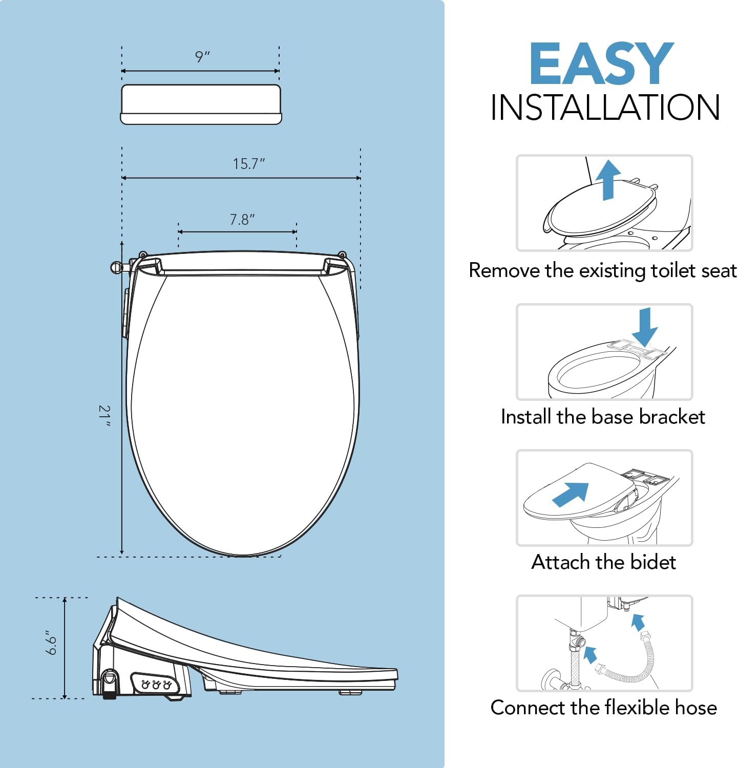 Barumi Bidet [BM-6000], Electric Bidet Toilet Seat, Heated Seat, Warm Water, Position Control, Eco-Mode, Self Cleaning, Remote Control, Night Light