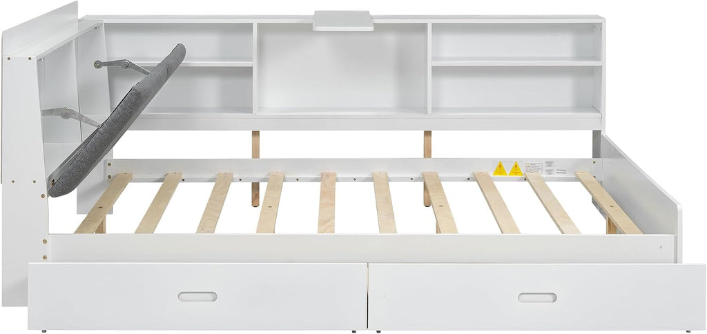 Harper & Bright Designs Full Size Daybed with 2 Storage Drawers and Bookcase,Wood L Shaped Full Platform Bed Frame with Shelves, Full Sofa Bed Frame with Slats Support, No Box Spring Needed, White