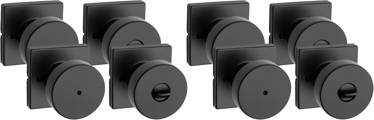 Kwikset Pismo Interior Privacy Door Knob with Lock, Door Handle for Bathroom and Bedroom, Matte Black Keyless Turn Lock Doorknob, with Microban Protection (Pack of 4)