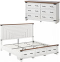 AMERLIFE Farmhouse 2-Pieces Wood Bedroom Set, Including Rustic King Size Bed Frame with 51' Tall Headboard, 6 Drawers Large Dresser Chests, Heavy-Duty Thick Plank Styling, Antique White