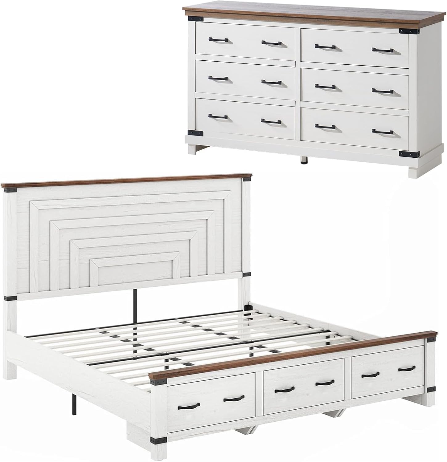 AMERLIFE Farmhouse 2-Pieces Wood Bedroom Set, Including Rustic King Size Bed Frame with 51' Tall Headboard, 6 Drawers Large Dresser Chests, Heavy-Duty Thick Plank Styling, Antique White