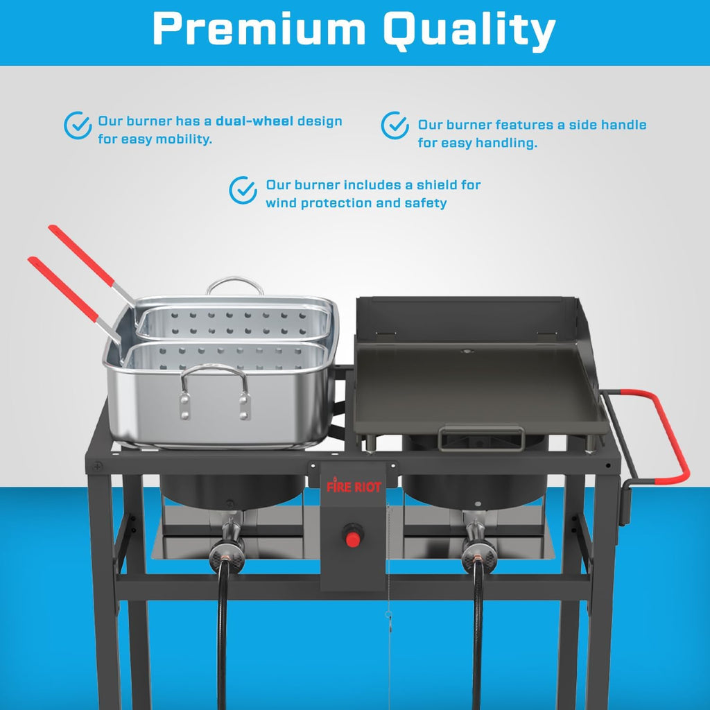 FIRE RIOT Outdoor Propane Deep Fryer and Griddle Combo, Portable 2-in-1 Cooking Station with Double Burner Propane Stove and Wheels, Ideal for Outdoor BBQ, Camping, and Tailgating