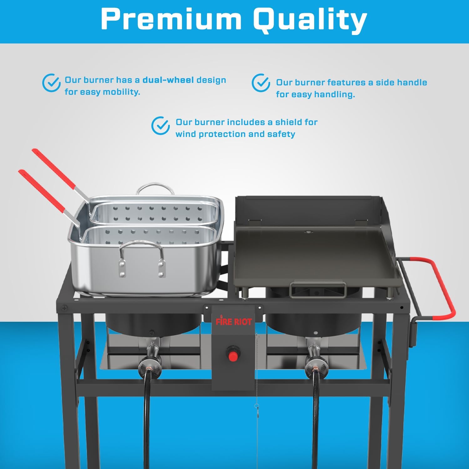 FIRE RIOT Outdoor Propane Deep Fryer and Griddle Combo, Portable 2-in-1 Cooking Station with Double Burner Propane Stove and Wheels, Ideal for Outdoor BBQ, Camping, and Tailgating