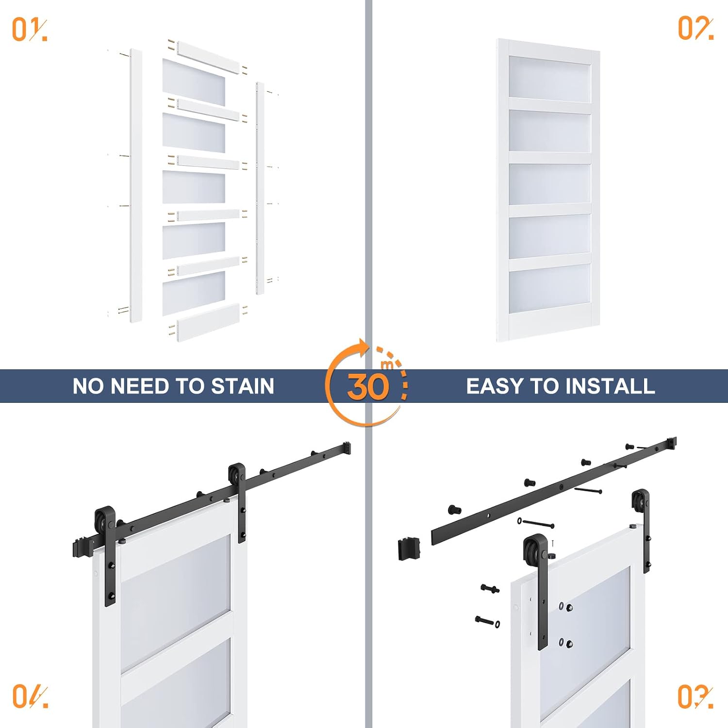 24x84 Inch Glass Sliding Barn Door Slab and 4ft Hardware Kit Included, 5 Frosted Glass, LVL Wood Panel Covered with White Water-Proof Scratch-Proof PVC Surface, Simple DIY Assembly