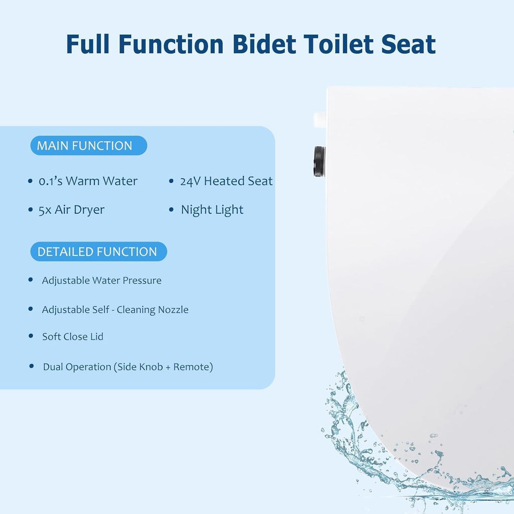 Electric Bidet Toilet Seat Round,24V Low-Voltage Heated Seat Instant Warm Water Wash & Warm Air Dryer,Self-Cleaning Nozzle,Remote Control,Soft Close Lid,Smart Bidet for Standard Round Toilets
