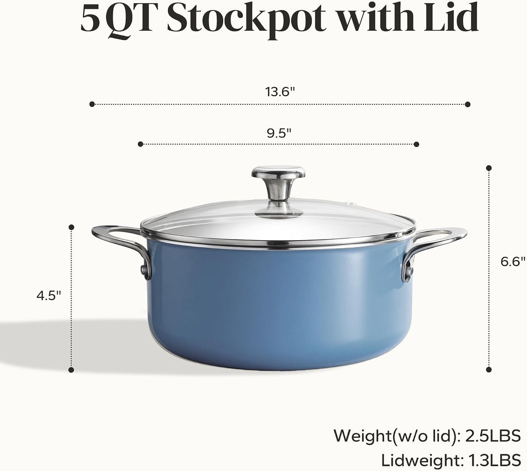 Redchef 5 QT Ceramic Stock Pot with Lid, 5QT Ceramic Saute Pan, Stay-Cool Handles, Dishwasher & Oven Safe, PFAS PFOA & PTFE Free (Blue)