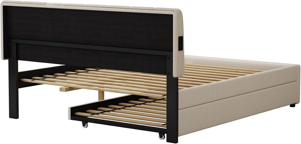 Queen Size Upholstered Platform Bed with Trundle and USB/Type-C Charging, Chenille Fabric Full and Twin Double Bed w/LED Lights with APP for Bedroom,Beige