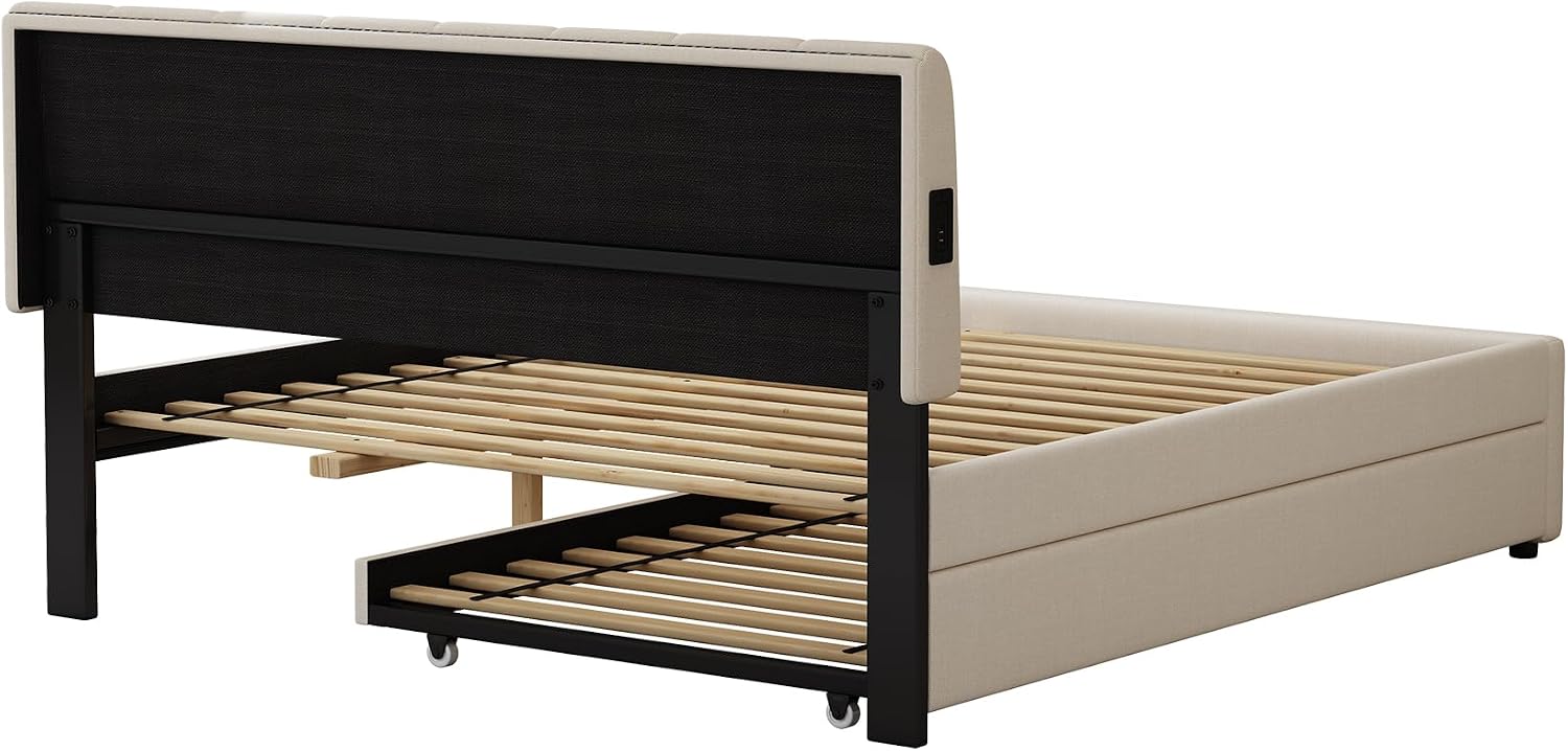 Queen Size Upholstered Platform Bed with Trundle and USB/Type-C Charging, Chenille Fabric Full and Twin Double Bed w/LED Lights with APP for Bedroom,Beige