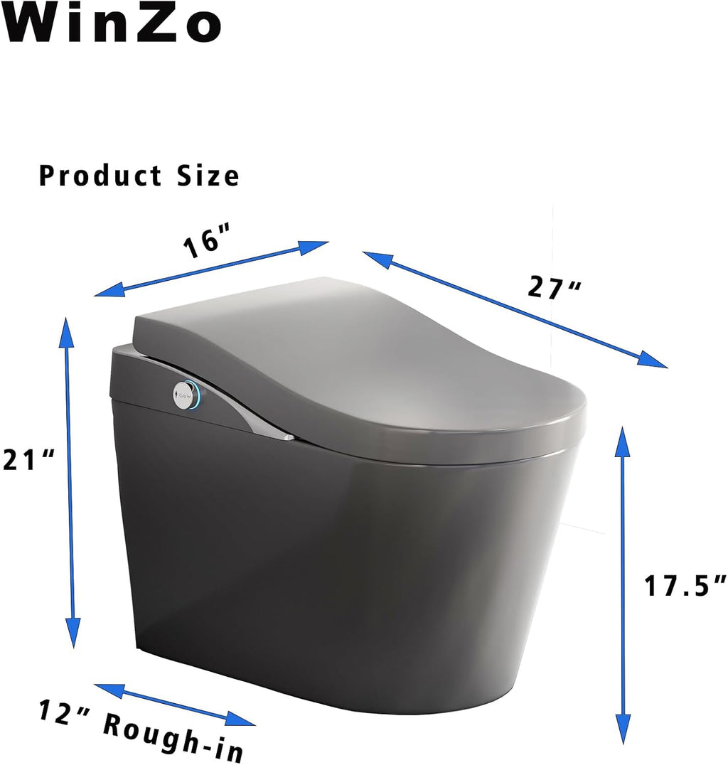 WinZo Modern Smart Toilet with Bidet, One-Piece Elongated, Porcelain, Auto Flush, Heated Seat, Warm Air Drying, 27 x 16 x 21 Inches, for Luxury Bathroom (Matte Grey)
