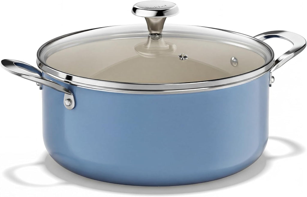 Redchef 5 QT Ceramic Stock Pot with Lid, 5QT Ceramic Saute Pan, Stay-Cool Handles, Dishwasher & Oven Safe, PFAS PFOA & PTFE Free (Blue)