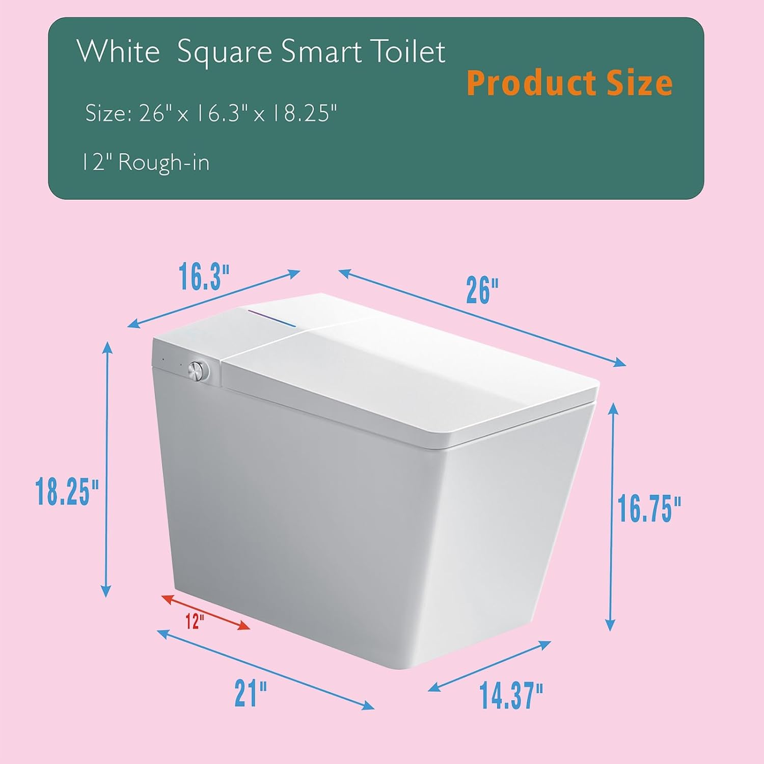 Square Smart Bidet Toilet with Built-In Tank for Bathroom, Remote Control, Foot Touching Lid Opening, Auto Flush, Heated Seat, LED Digital Display, User Memory, White