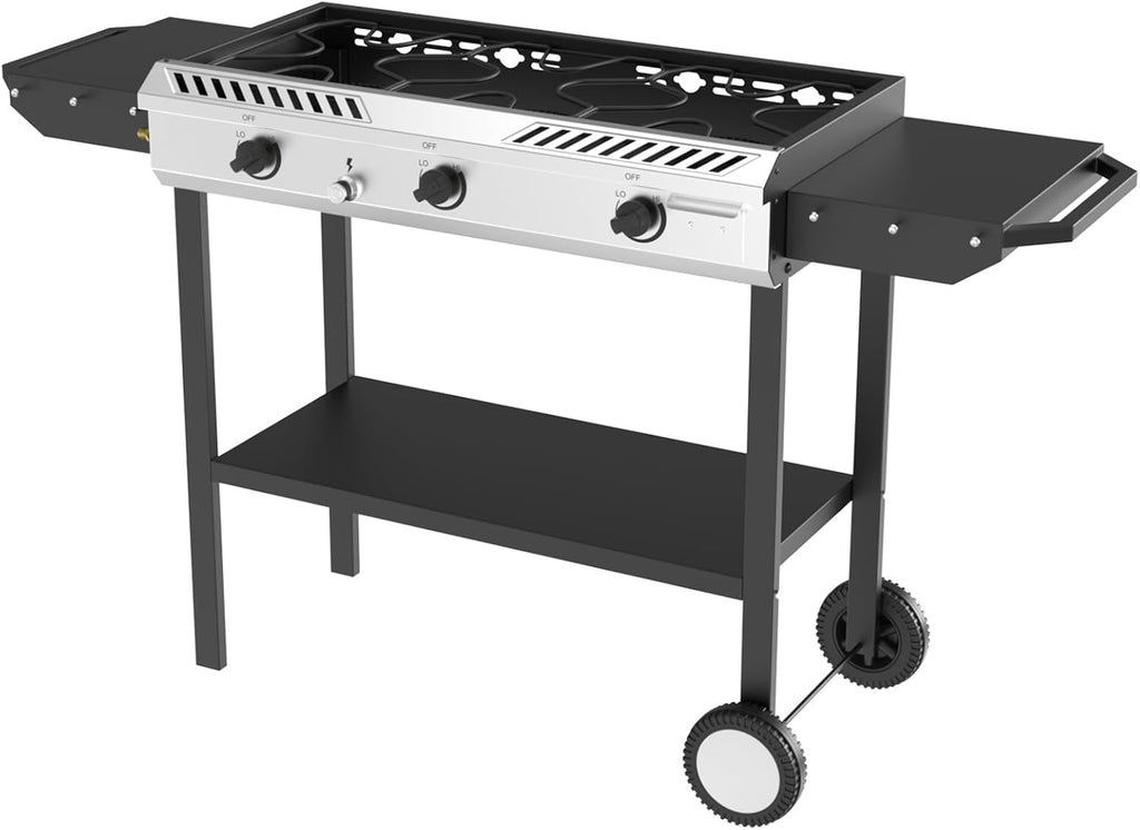 Bonnlo 3 Burner Propane Stove with Inginition, 225000BTU Gas Stove with Side Table Storage Shelf and Portable Rolling Wheels, Gas Burner for Outdoor Camping Patio Backyard Cooking Boiling Frying