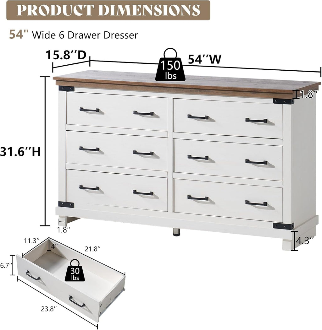 AMERLIFE 2 Pieces Farmhouse Bedroom Set, Includes Wood Rustic Full Size Bed Frame with 54' Tall Headboard, 6 Drawers Large Dresser Chest, Heavy Duty Thick Plank Styling, Antique White