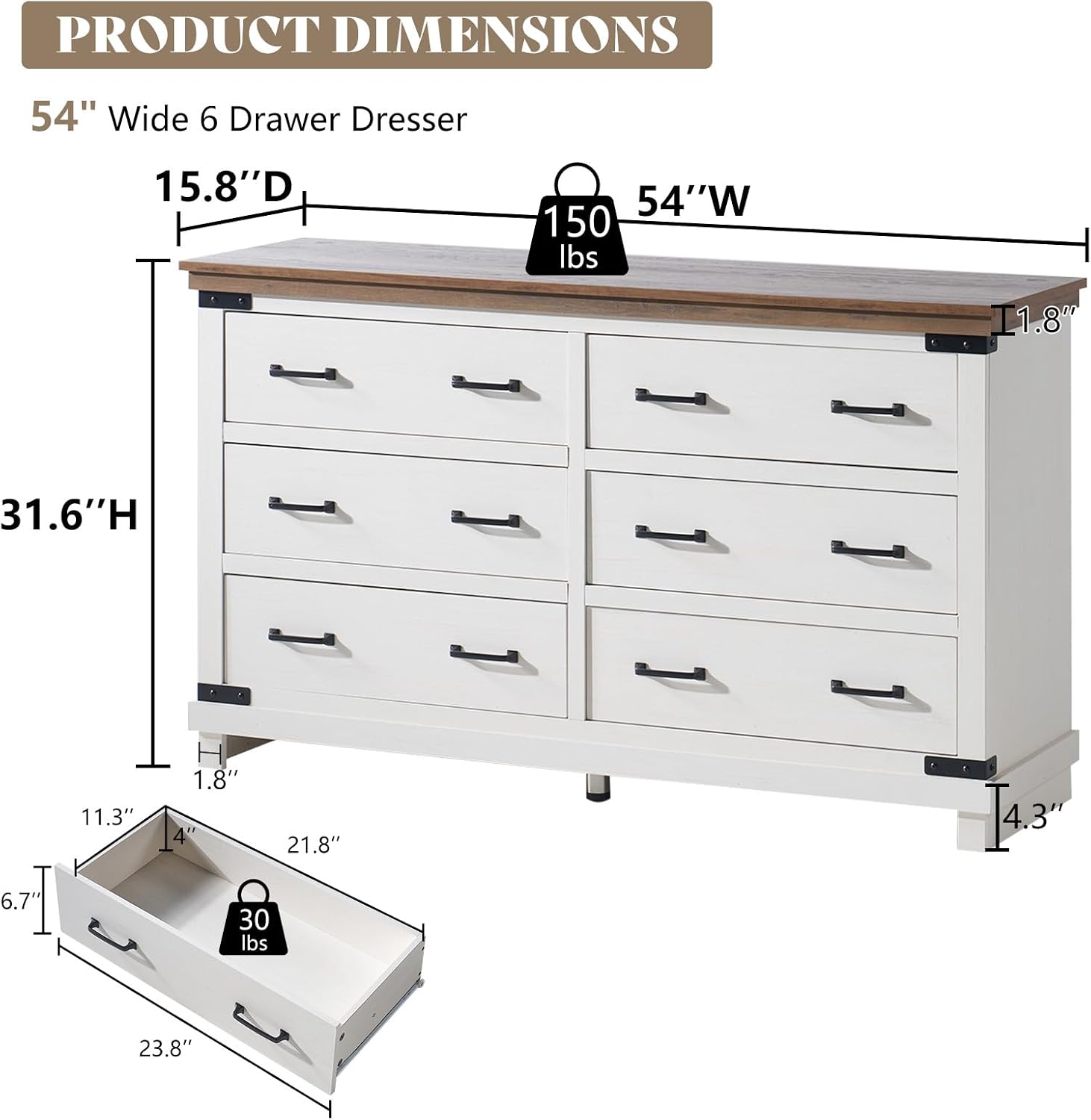 AMERLIFE 2 Pieces Farmhouse Bedroom Set, Includes Wood Rustic Full Size Bed Frame with 54' Tall Headboard, 6 Drawers Large Dresser Chest, Heavy Duty Thick Plank Styling, Antique White
