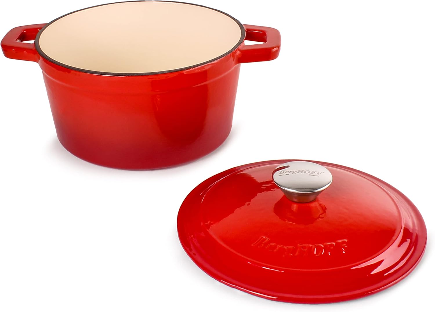 BergHOFF 3Pc Neo Enameled Cast Iron Cookware Set, 3qt. Dutch Oven, Matching Lid, Square Grill Pan 11 Inches, Oven Safe Up To 400°F, Red