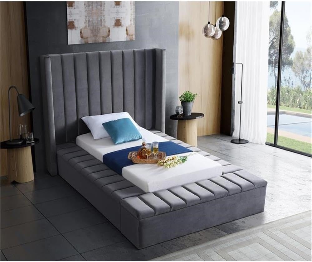 Meridian Furniture Kiki Collection Modern | Contemporary Velvet Upholsterd Bed with Channel Tufting, Siderails and Footboard Storage Compartments, Twin, Grey