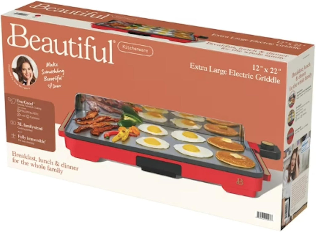 XL Electric Griddle, 12' x 22' Nonstick Griddle, Adjustable Temperature Control, Large Family Size Indoor Countertop Grill, Removable Drip Tray (Red)