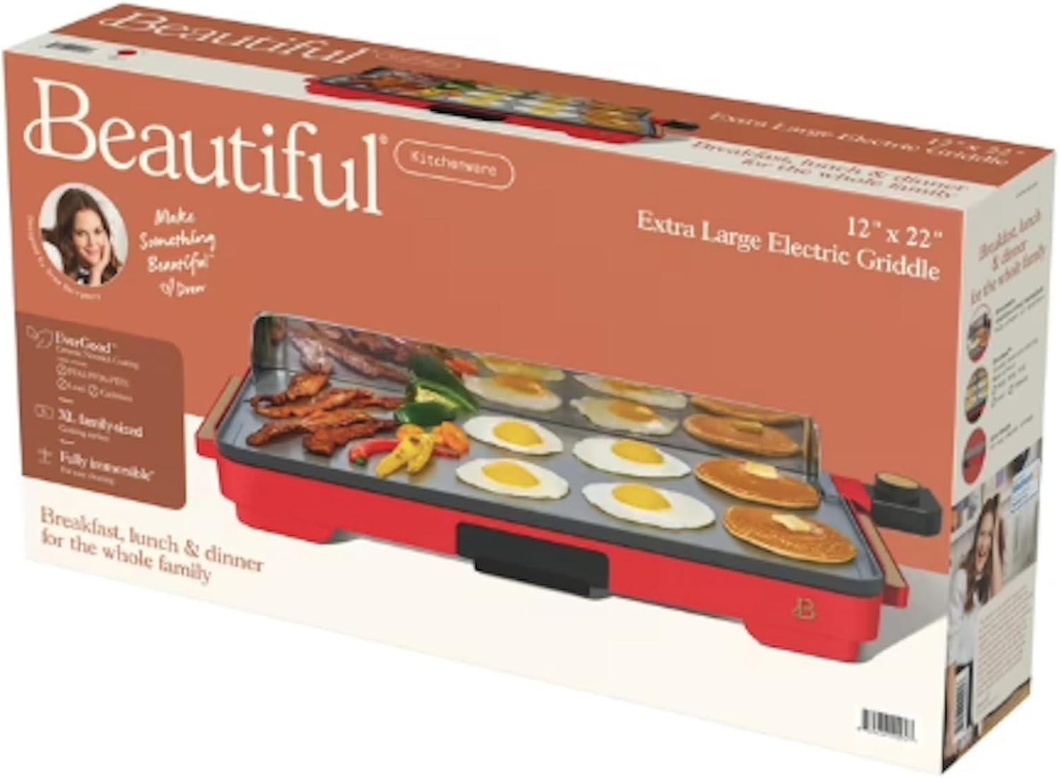 XL Electric Griddle, 12' x 22' Nonstick Griddle, Adjustable Temperature Control, Large Family Size Indoor Countertop Grill, Removable Drip Tray (Red)