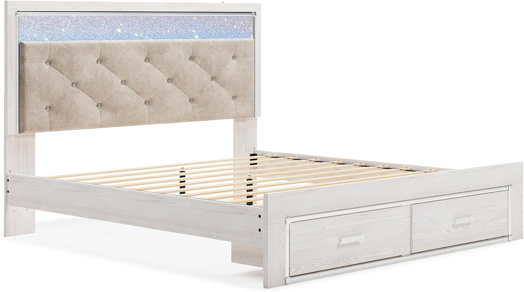 Signature Design by Ashley Altyra Contemporary Adjustable Tufted King Upholstered Storage Platform Bed with LED Lights and 2 Drawers, Foundation or Box Spring Not Needed, White & Gray