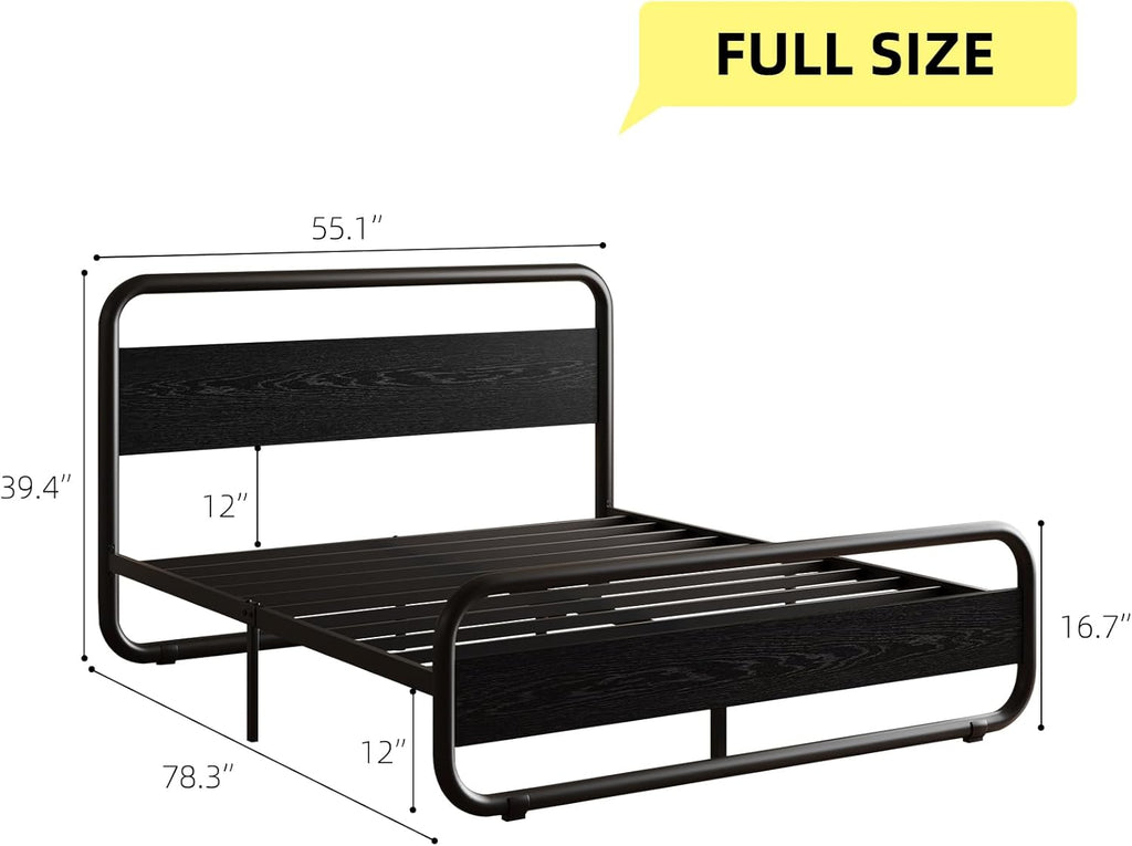 Catrimown Full Size Bed Frame with LED Lights, Heavy Duty Metal Rustic Platform Bed Frame Full Size with Wood Headboard, Noise Free, No Box Spring Needed, Black