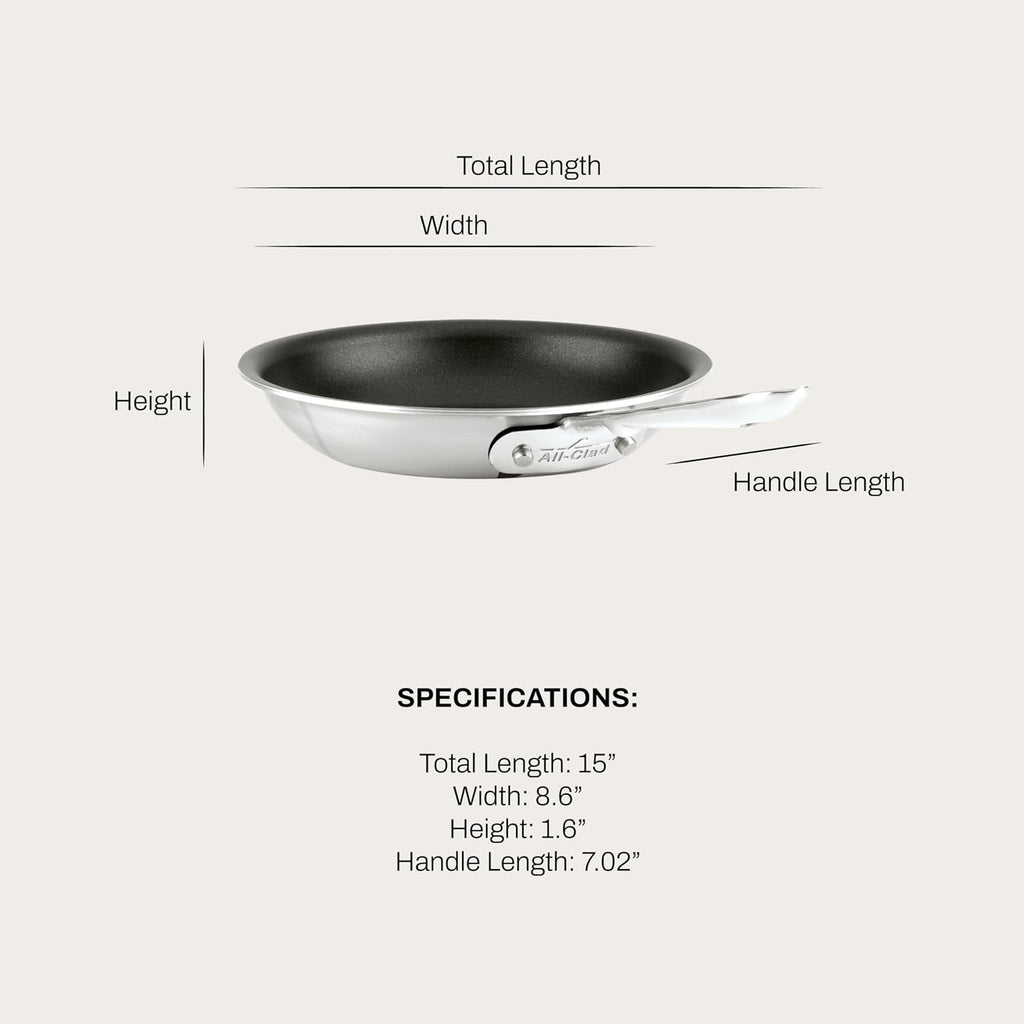 All-Clad D5 8 Inch Brushed Stainless Steel Pro Non Stick Frying pan, 5-Ply Stainless Steel Pan, Induction, Oven Broiler Safe 500F Skillet, Professional Cookware, Silver