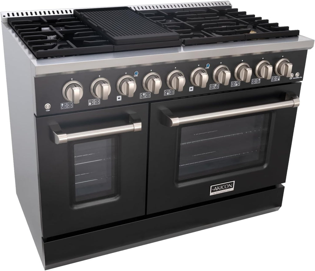 Akicon 48 Inch Freestanding Gas Range - 6.7 cu. ft. Double Rapid Convection Oven - Gas Stove with 8 Sealed Burners & a Griddle, Heavy Duty Cast Iron Grates (Black & Stainless Steel)