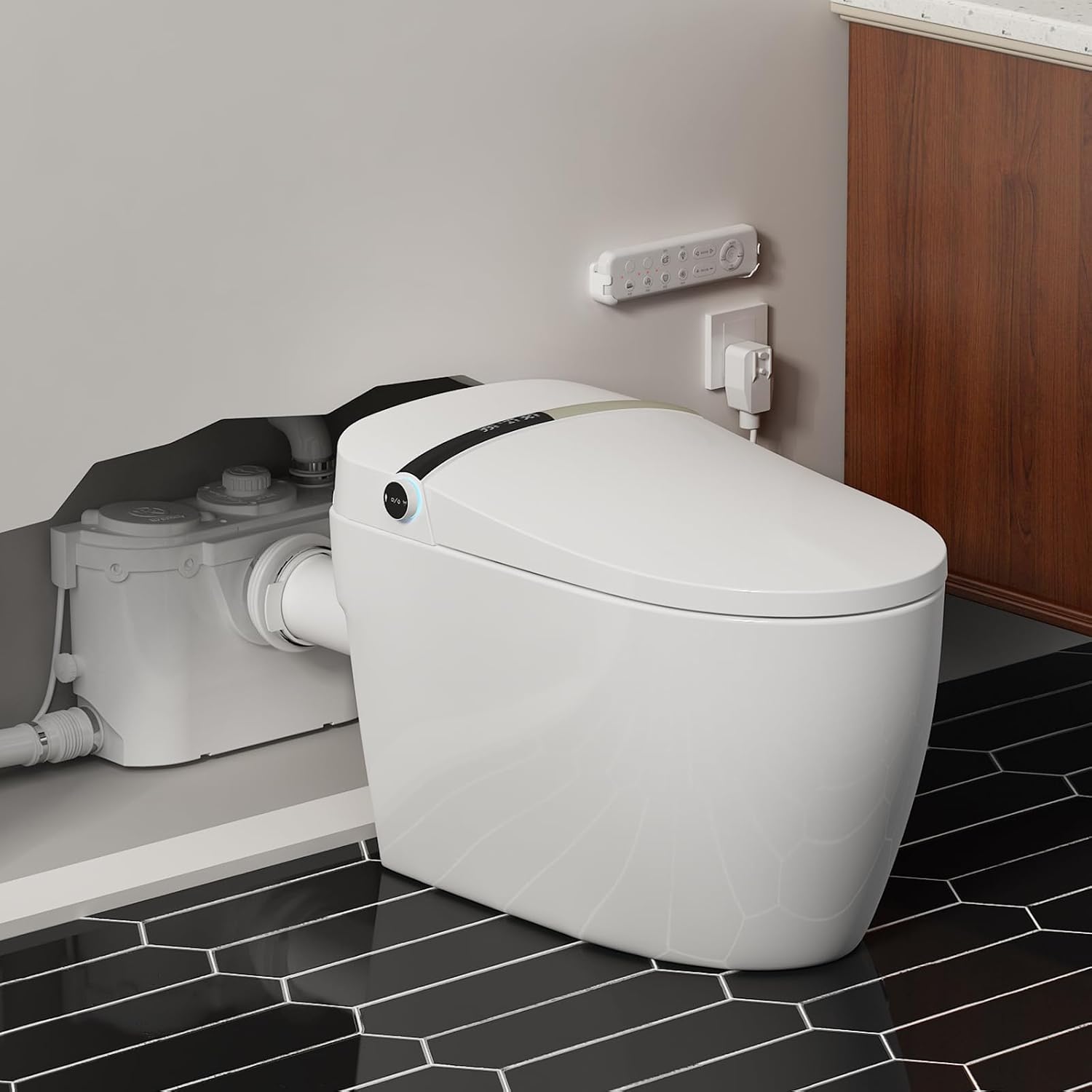 Smart Toilet+Macerator Pump System, Tankless Upflush Macerating Toilet with Bidet Built-in, Heated Dryer Warm Water, Remote Control, 4 Inlets Sewage Pump for Basement, Laundry, Sink Shower Grey Water
