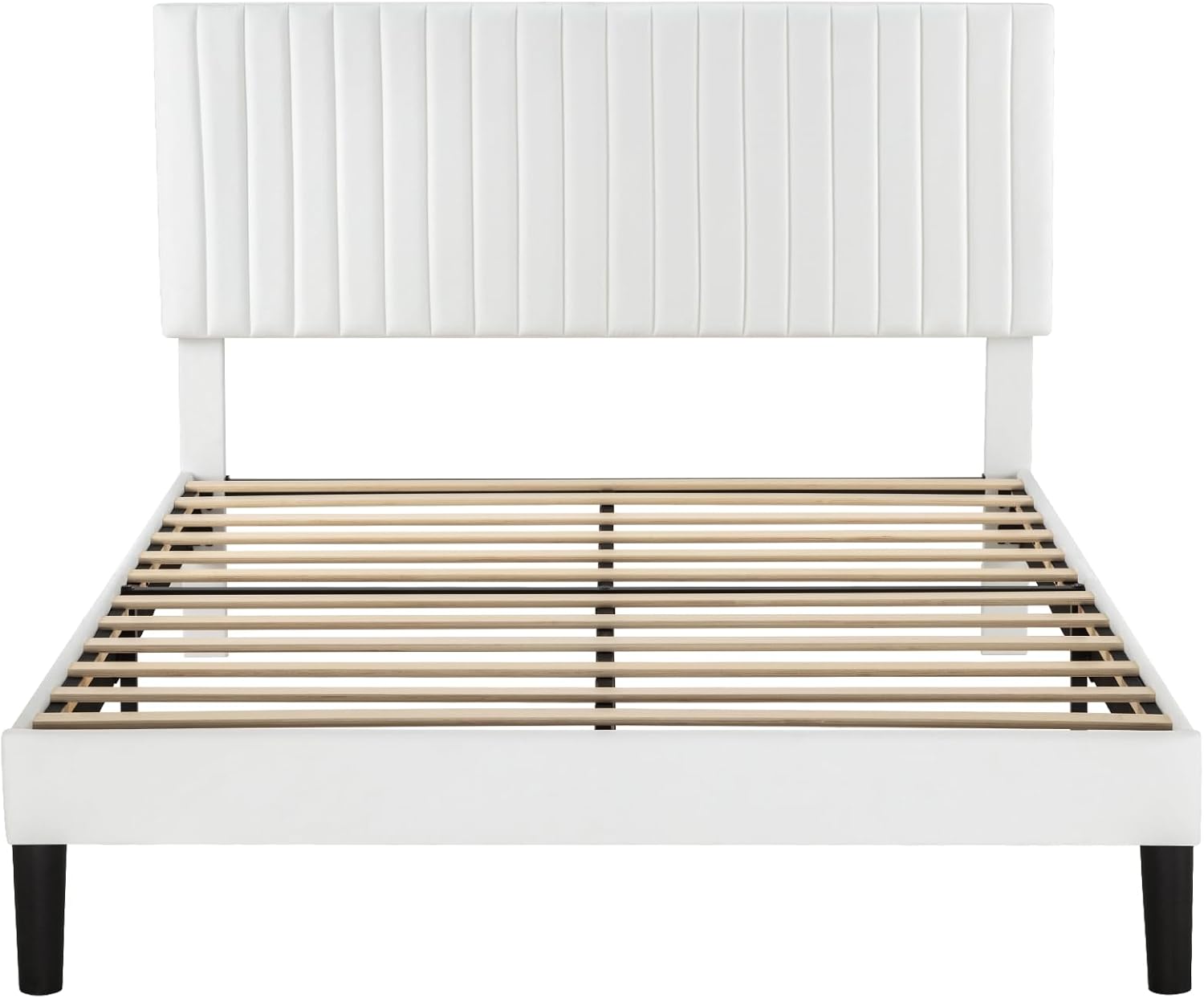 Allewie Queen Bed Frame, Velvet Upholstered Platform Bed with Adjustable Vertical Channel Tufted Headboard, Mattress Foundation with Strong Wooden Slats, Box Spring Optional, Easy Assembly, Off-White