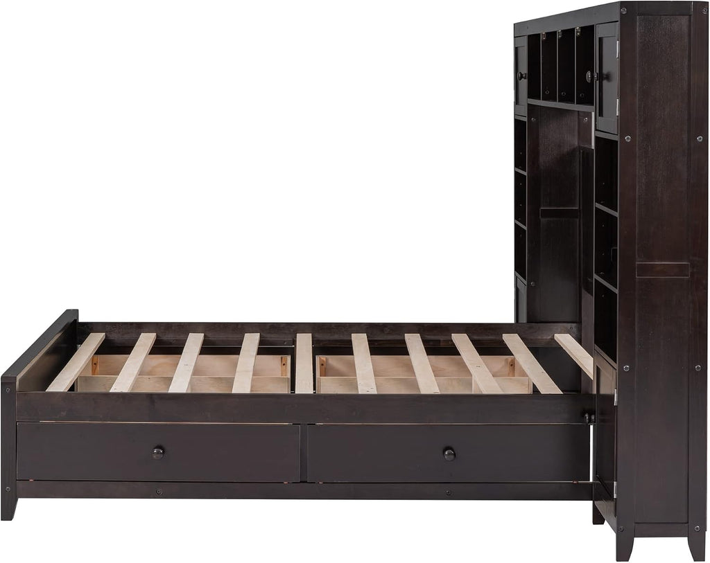 Harper & Bright Designs Full Size Platform Bed Frame with Bookcase Headboard and Drawers, Solid Wood Bed Frame with All-in-One Cabinet and Shelf for Saving Space, Espresso