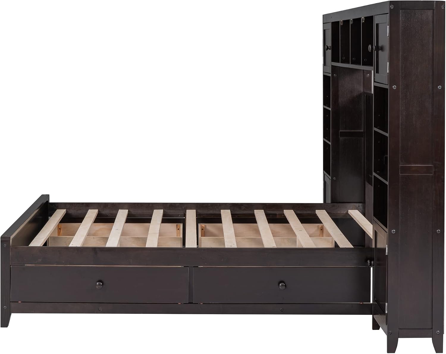 Harper & Bright Designs Full Size Platform Bed Frame with Bookcase Headboard and Drawers, Solid Wood Bed Frame with All-in-One Cabinet and Shelf for Saving Space, Espresso