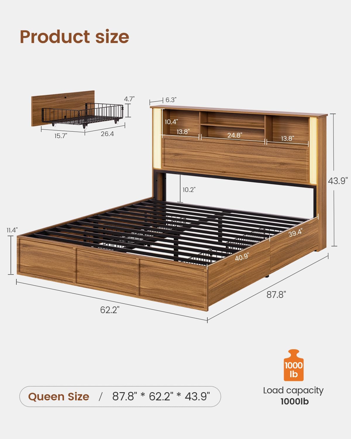 Queen Bed Frame with 4 Storage Drawers and 3 Tier Storage Headboard, Black Wooden Bed Frame Queen Size with Charging Station and 3 Color- Lightbox, No Box Spring Needed,Wood
