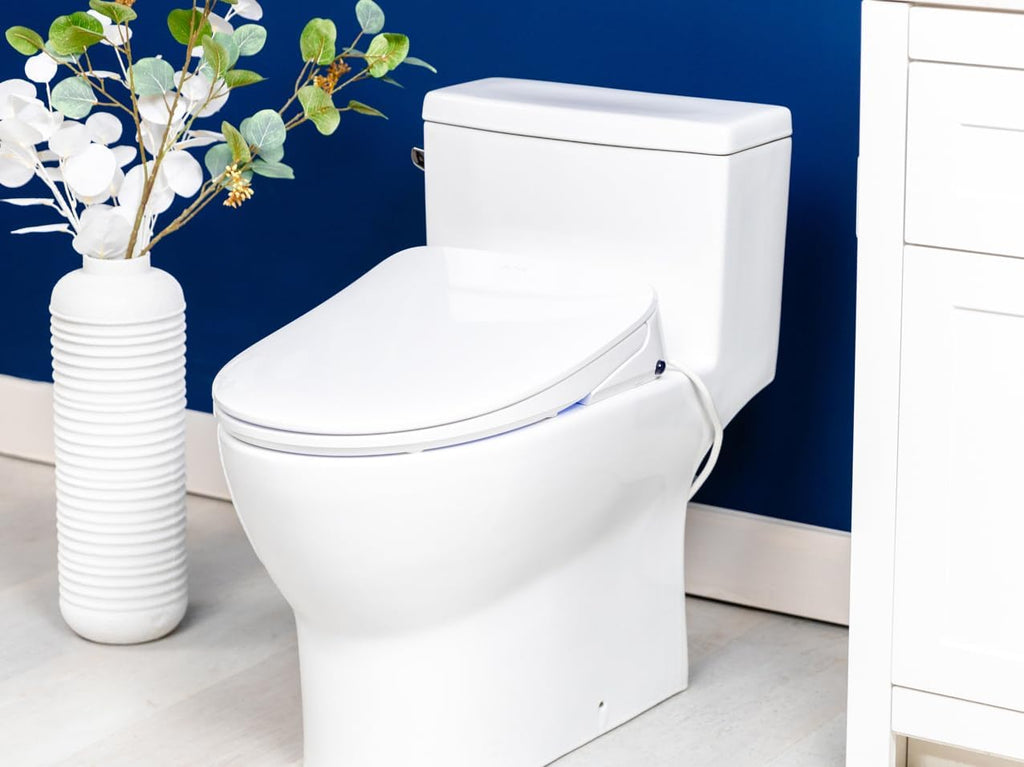 ALPHA BIDET iX Pure Bidet Toilet Seat in Round White | Ultra Low Profile | Endless Warm Water | Arced Stainless Steel Nozzle | Blue LED Nightlight | Dryer…