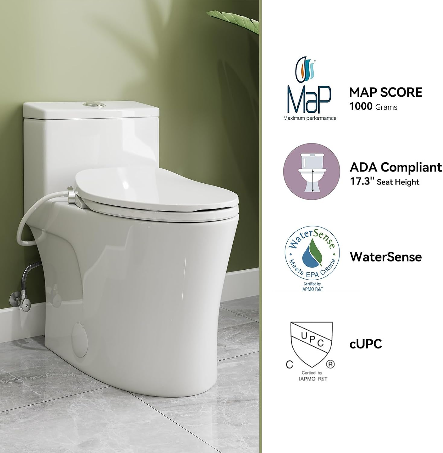 HOROW T0338W One Piece Toilet with Non-Electric Bidet Toilet Seat, Elongated ADA Chair Height Toilets with Adjustable Nozzles Seat, Powerful Dual Flush & Soft Closing Seat Include, White