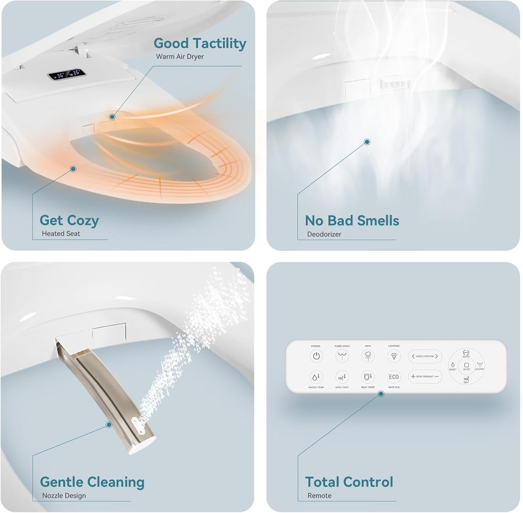 Smart Heated Toilet Seat for Elongated V-Shaped Toilets – Bidet Warm Water Wash, Self-Cleaning Nozzle, Warm Air Dryer, Deodorizer, Soft-Close Lid, LED Night Light & Remote Control, Easy Install