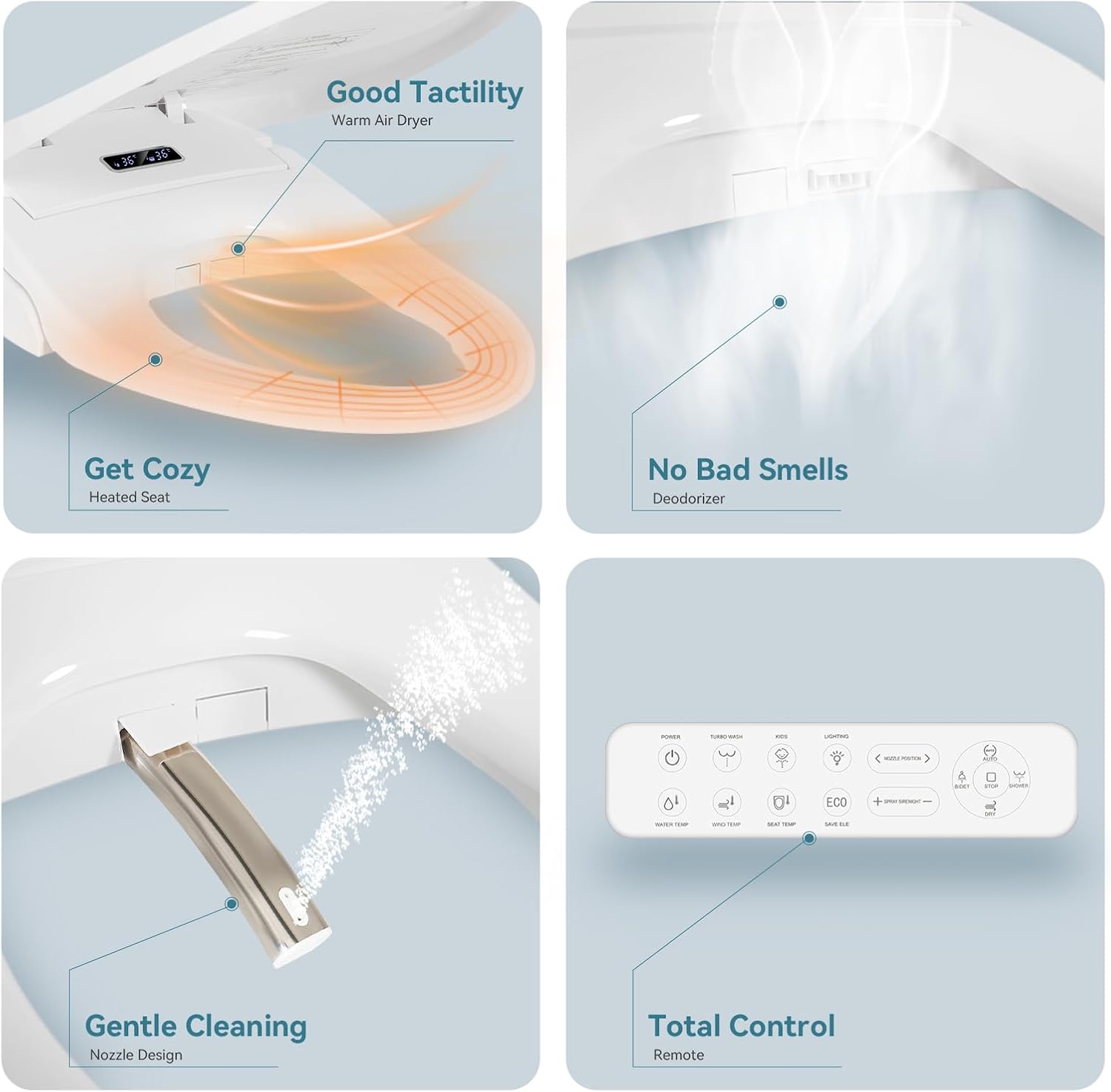 Smart Heated Toilet Seat for Elongated V-Shaped Toilets – Bidet Warm Water Wash, Self-Cleaning Nozzle, Warm Air Dryer, Deodorizer, Soft-Close Lid, LED Night Light & Remote Control, Easy Install