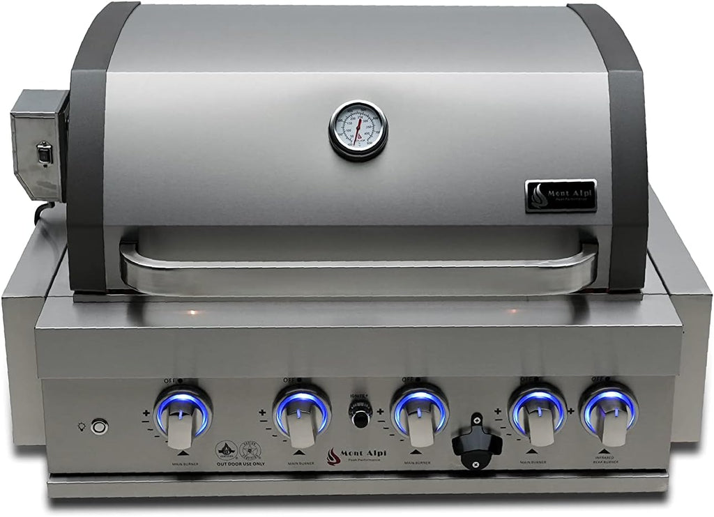 Mont Alpi Premium 32'W x 23'D x 21'H Stainless Steel 4-Burner 63000 BTUs Outdoor Kitchen Kitchen Island Heavy Duty Propane Built-in BBQ Grill Head with Infrared Rear Burner + Rotisserie Kit + Cover