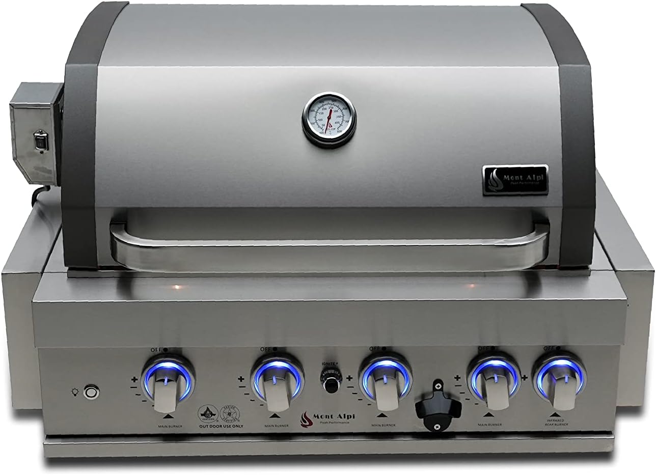 Mont Alpi Premium 32'W x 23'D x 21'H Stainless Steel 4-Burner 63000 BTUs Outdoor Kitchen Kitchen Island Heavy Duty Propane Built-in BBQ Grill Head with Infrared Rear Burner + Rotisserie Kit + Cover