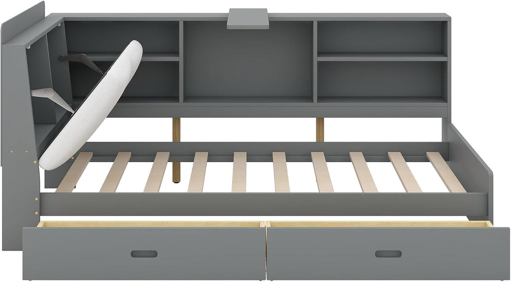 Harper & Bright Designs Wood Daybed Frame with Shelves & Drawers & Storage Upholstered Headboard,Twin Size Floor Corner Sofa Bed with Rotatable Storage Board for Bedroom Living Room,Space Saving,Gray