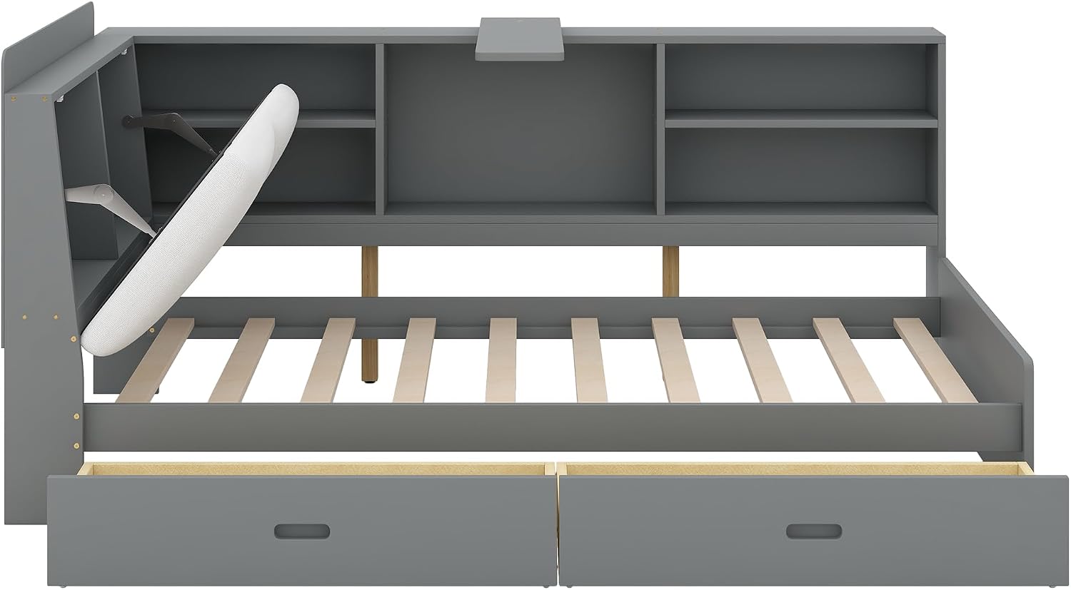 Harper & Bright Designs Wood Daybed Frame with Shelves & Drawers & Storage Upholstered Headboard,Twin Size Floor Corner Sofa Bed with Rotatable Storage Board for Bedroom Living Room,Space Saving,Gray