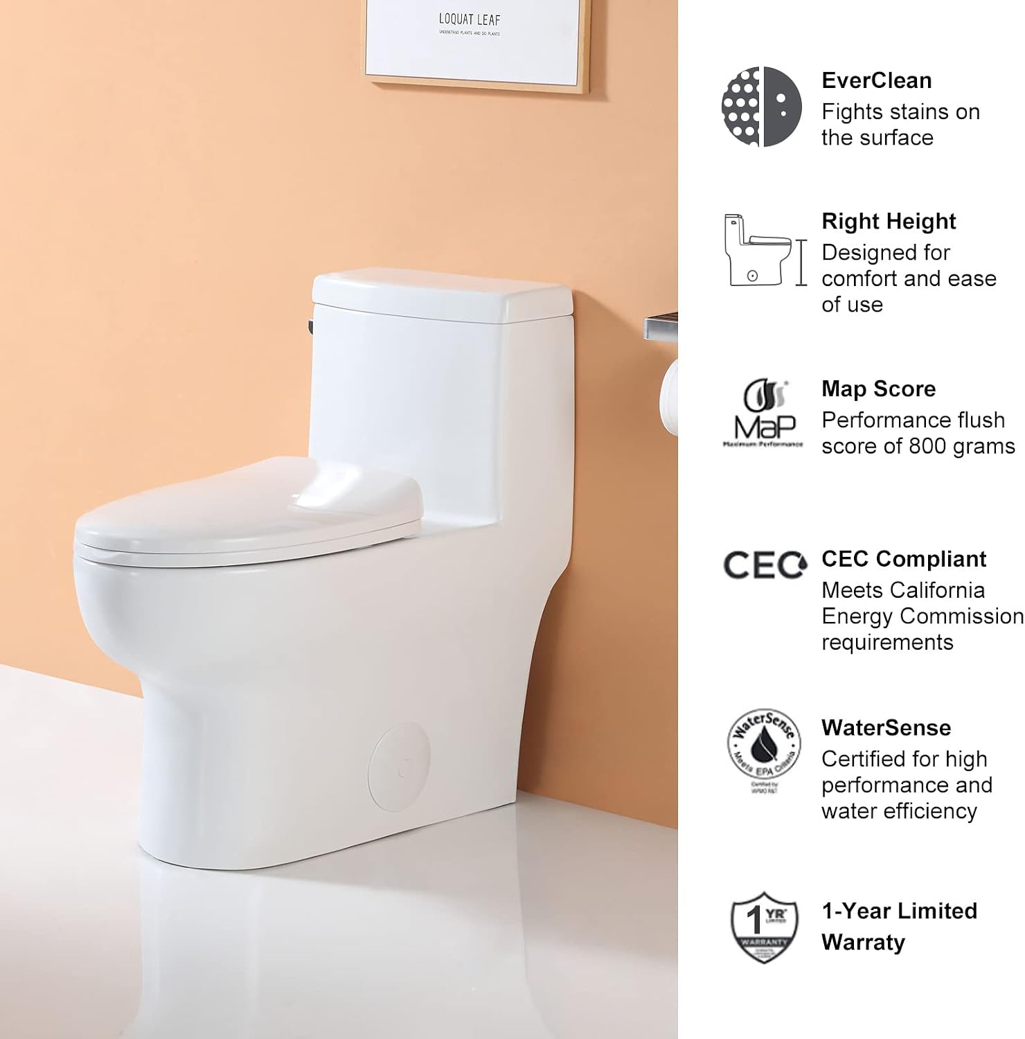 HOROW HR-ST076W Elongated Toilet with Left-Hand Trip Lever, One Piece Toilet for Bathroom, Soft Closing Seat Include, Single Side Flush High Efficiency 1.28 GPF, 12'' Rough-In, White Toilet Bowl