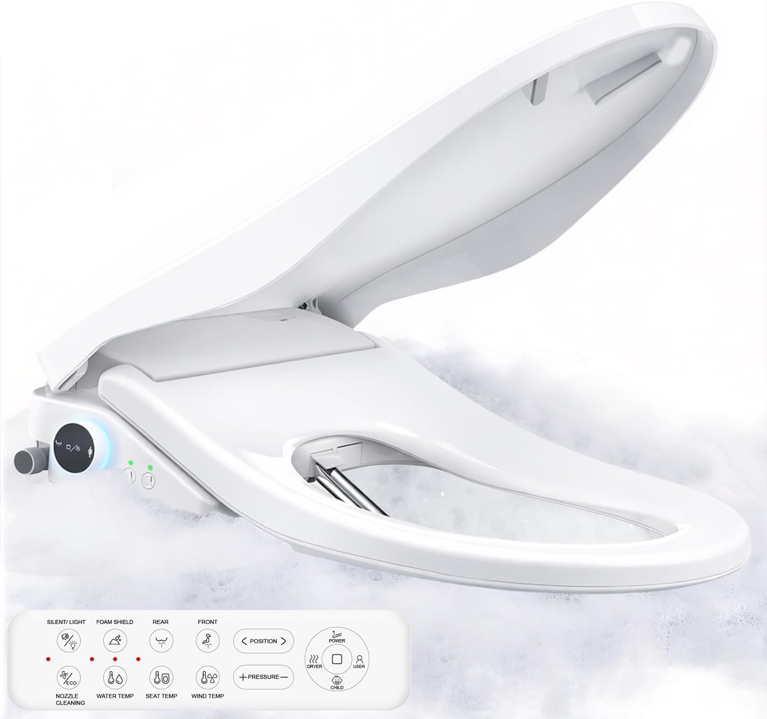 iliD Bidet Toilet Seat, Foam Shield Bidet Seat, Heated Toilet Seat Elongated, Instant Warm Water & Dryer, Front Wash & Rear Wash, User Mode, Remote Control, Self-Clean Nozzle, ECO Silent Night Child