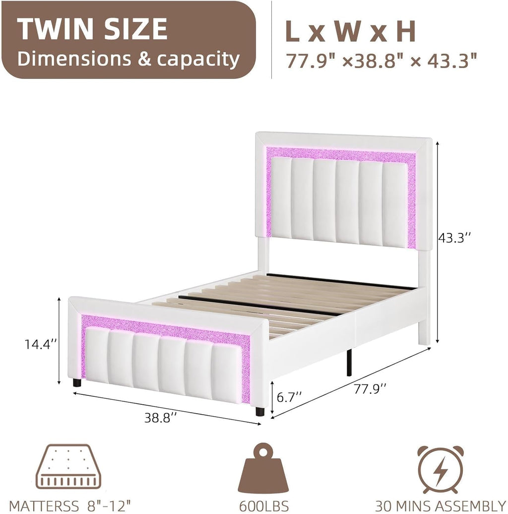 HOMBCK Twin Bed Frame with LED Lights and Velvet Upholstered Adjustable Headboard, Twin Size Bed Frames with Diamond Headboard & Footboard, Wood Slats Support, Noise Free, No Box Spring Needed, White