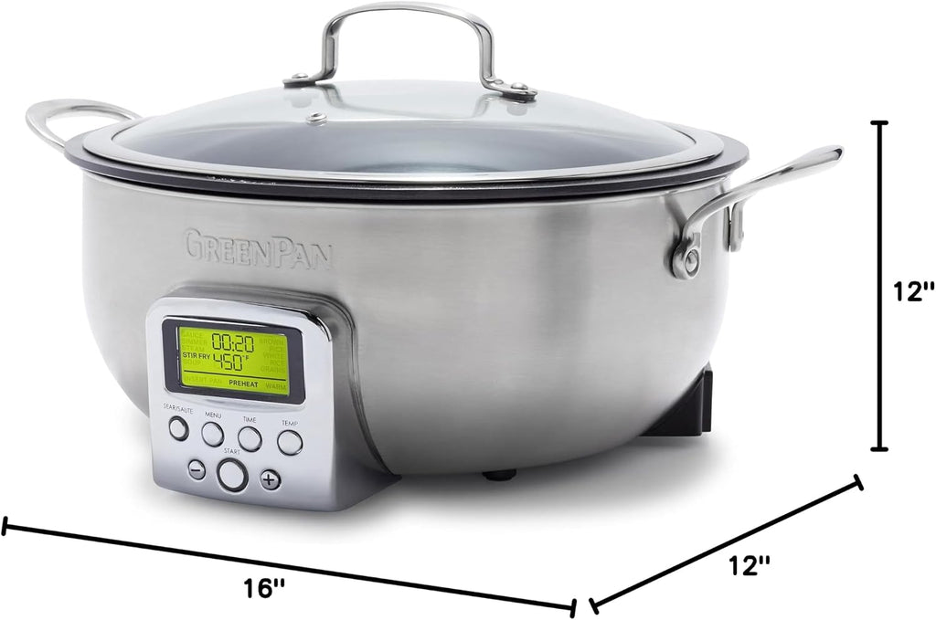 GreenPan Elite 6QT Electric Skillet, Sear Saute Stir-Fry Cook Rice, Healthy Ceramic Nonstick, Dishwasher Safe Parts, Easy-to-use LED Display, PFOA and PFA Free, Smart Pot, Stainless Steel