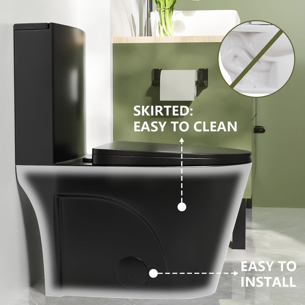 DeerValley Elongated One Piece Toilet with Comfort Height, Dual Flush Toilet with Soft Close Seat, High Efficiency 1.1/1.6 GPF 12'' Rough-In Matte Black Toilet