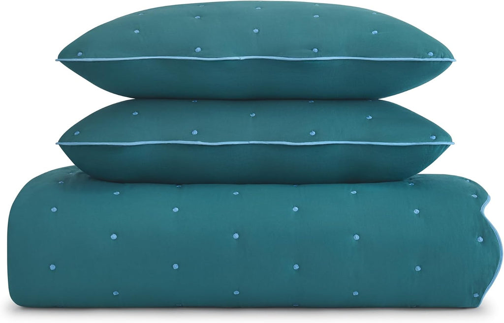 kate spade new york Scalloped Edge 3-Piece King Quilt Bedding Set, 100% Cotton Voile Reversible Cover, All Season Bedding, Machine Washable, Blue Spruce