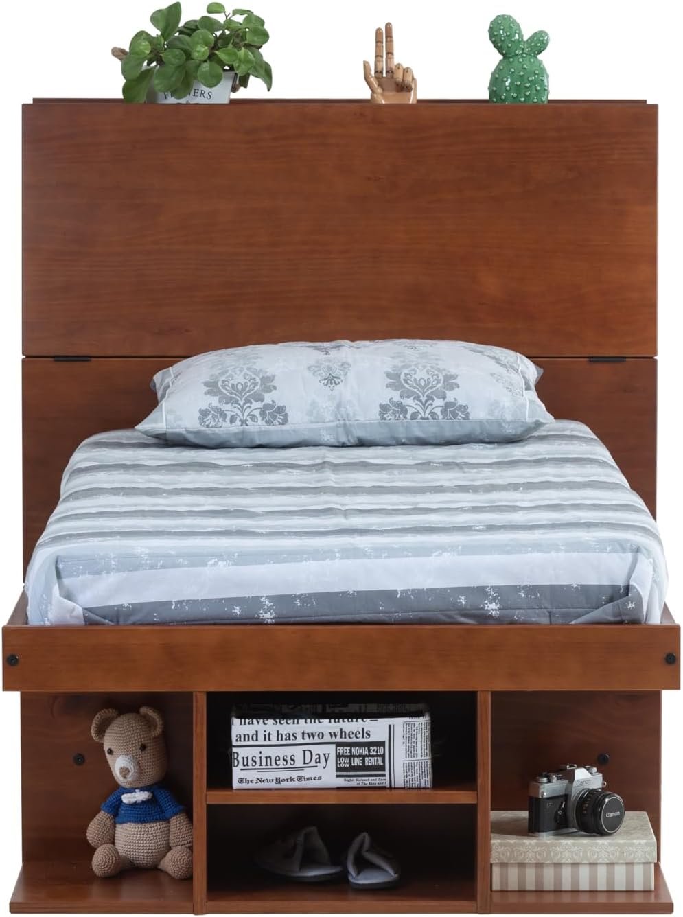 memomad Bali Set: Storage Platform Bed with Drawers + Bookcase Headboard (Twin Size, Caramel Brown Wood)