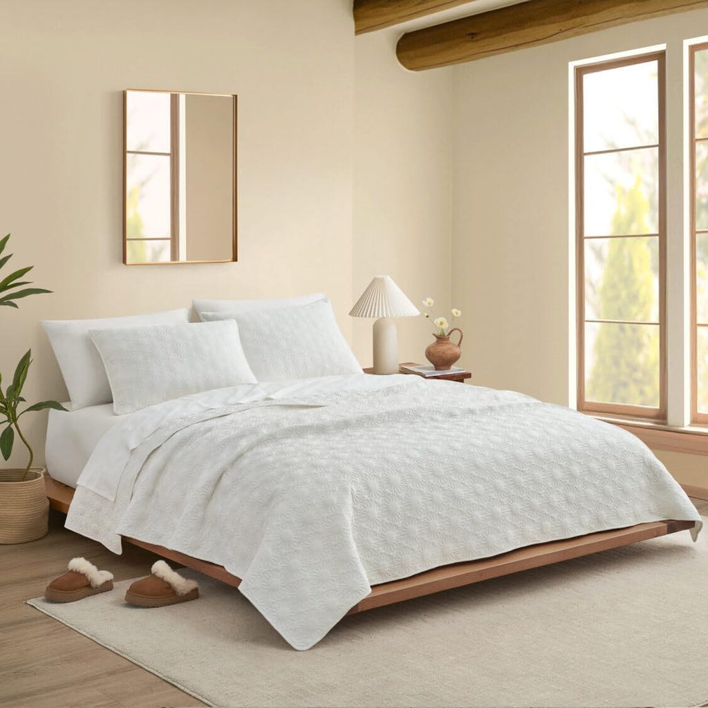 UGG King Quilt Set with Sun Embroidery- 3 Piece King Bedding Set with 1 Quilt and 2 Matching Shams, Soft Lightweight Bedroom Decor & Luxury Bed Spread, White Snow (Devon)