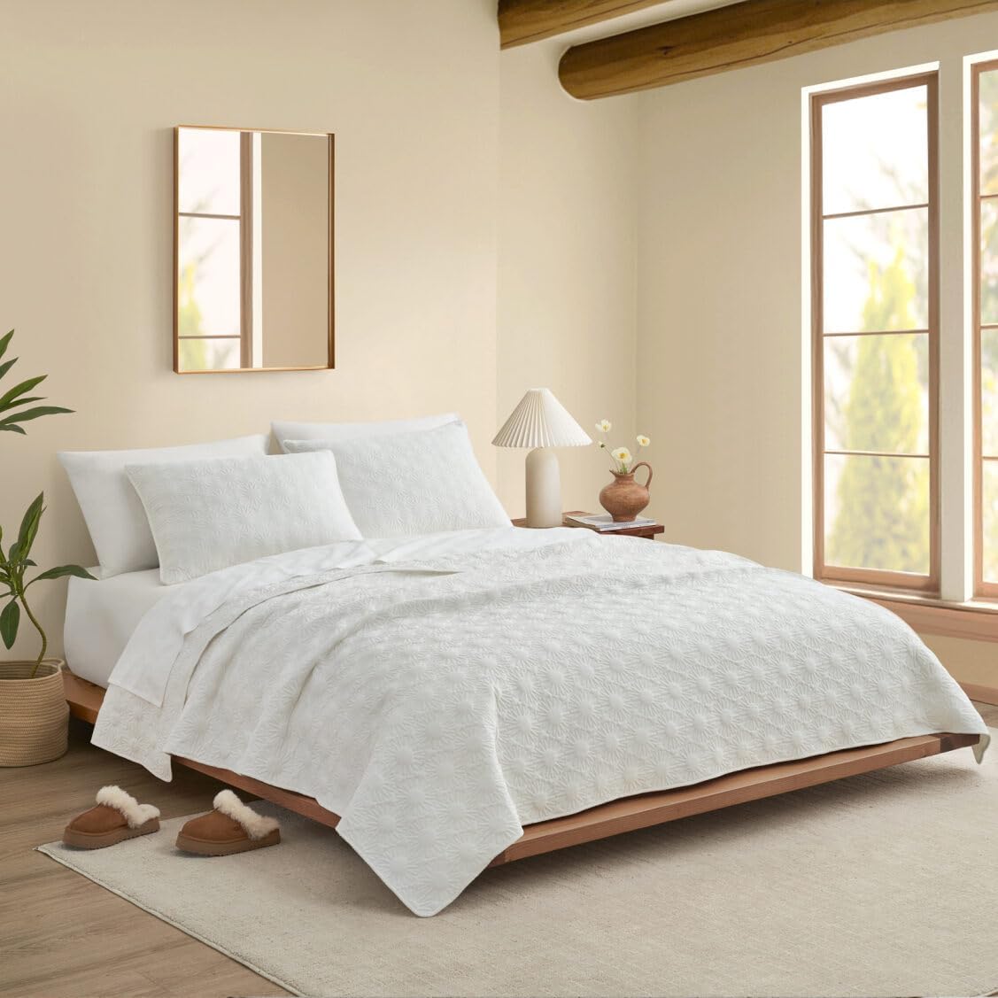 UGG Full/Queen Quilt Set with Sun Embroidery- 3 Piece Queen Bedding Set with 1 Quilt and 2 Matching Shams, Soft Lightweight Bedroom Decor & Luxury Bed Spread, White Snow (Devon)