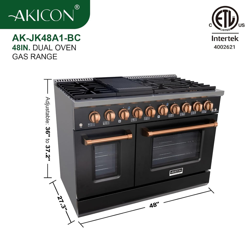 Akicon 48 Inch Freestanding Gas Range - 6.7 cu. ft. Double Rapid Convection Gas Oven Stove with 8 Sealed Burners & a Griddle, Heavy Duty Cast Iron Grates (Black & Copper)
